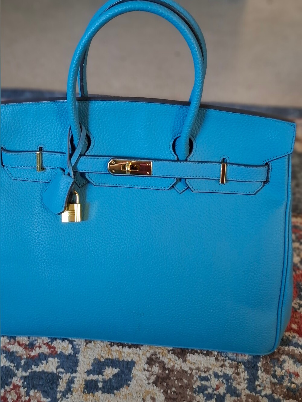 Teal Structured Leather Top-Handle Bag with Gold Hardware - Picture 3 of 9